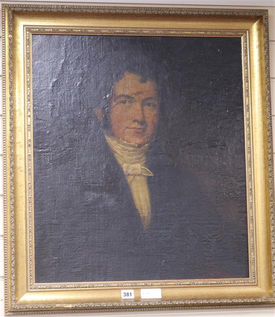 Mid 19th century English School, oil on canvas laid on board, portrait of a gentleman, 62 x 54cm